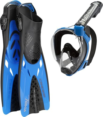 CRESSI Tonga Fins/Set - Leichte Verstellbare Kurze Flossen oder Set Kurze Flossen + Vollgesichtsmaske Baron mit breitem Sichtfeld , perfekt zum Schnorcheln, Schwimmen, Erwachsene