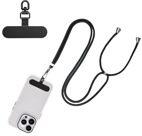 2 cuscinetti neri per smartphone con cordino regolabile – Supporto universale per cellulare con un design girevole – Catena per cellulare compatta e leggera per tutti gli smartphone – Pratico