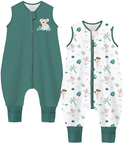 Chilsuessy Baby Schlafsack mit Füßen 2er Pack 1.5 Tog Kinder Ganzjahres Schlafsack 100% Baumwolle Baby Schlafsack mit Beinen, 1.5 Tog/Koala + Grün, 90cm/Baby Höhe 95-105cm