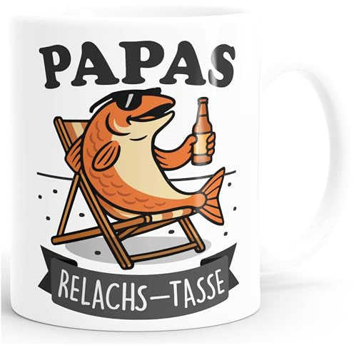 MoonWorks® Tasse Lustig Wortspiel Lachs Relax Geschenkidee für Papa zum Vatertag Angler Keramik Becher Weiss standard