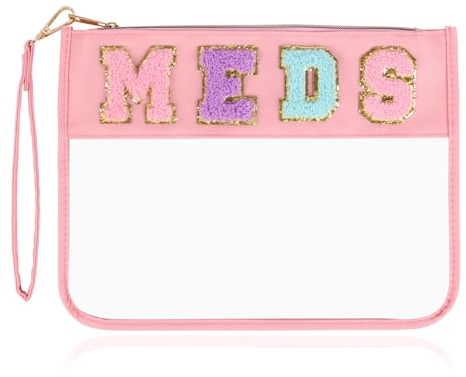 Chenille Letter Clear Zipper Flat Pouch Transparent Waterproof Stuff Cosmetic Bags Travel Makeup Bag with Zipper Toiletry Bag with Preppy Patch for Women & Children, Travel, Gym, Beach (MEDS)
