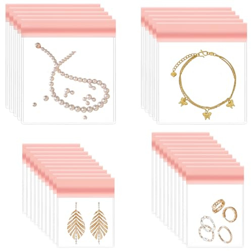 36 Pcs Clear Jewellery Bags EVA Plastic Jewelry Pouches Resealable Pink Pouches Anti Tarnish Bags for Women Ring Earing Chain Necklace Bracelet Wrist Watch No Yellowing (4 Mix Sizes)