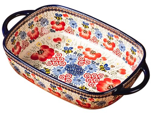 Lasagne Dish 1900ml Heat-resistant Ceramic Oven Dish with Dual Handles Flower Print Rectangle Lasagne Non Slip Washable Casserole Dishes ideal for Home Oven