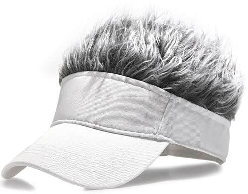 MESU Hommes Visor Chapeau Perruque Peaked Baseball Golf Cap avec Faux Cheveux Blanc Gris