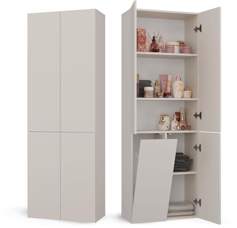 CDF Mobile da Bagno con Armadietti e Ante Cachemire Colonna Bagno Salvaspazio 1 Cesto per la Biancheria Mobile Alto a Colonna Cesto Portabiancheria Armadio Bagno 174 x 60 x 30