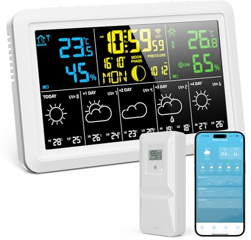 Yaskyly WiFi Wireless Weather Stations with APP Control, Outdoor Sensor Temperature Humidity Monitor with Air Pressure Rainfall UV Index 5 Days Weather Forecast AQI Moon Phase Date Dual Alarm Clock