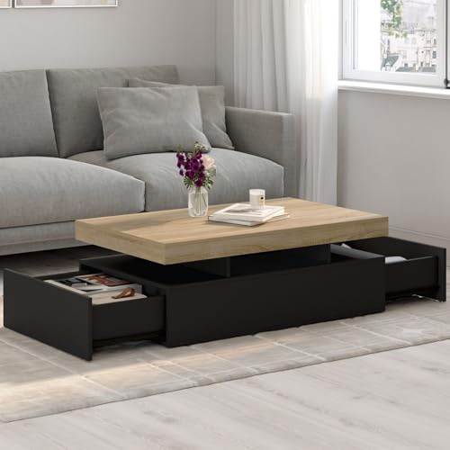 IDMarket - Table Basse rectangulaire Elsa 100 cm 2 tiroirs en Bois Noir et Plateau façon hêtre