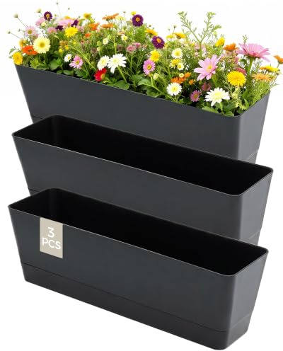 Bamworld Macetas y Maceteros de Plástico Juego de 3 Jardineras para Ventana 40x10 cm con Bandeja para Hierbas en Balcón Oficina de Interior y Exterior