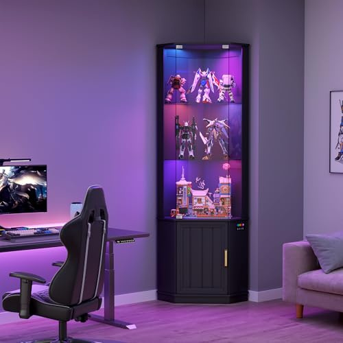 Lvifur Corner Glass Display Cabinets - 175cm Tall Curio Display with RGB Lights,3-Tier Display Case with Human Body Sensor for Collectibles Bookcases for Toys,Books,Collectibles,Liquor,Black