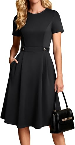 GRACE KARIN Vestidos acampanados para mujer, elegantes del Reino Unido, cuello redondo, manga corta con bolsillos, vestido de negocios, graduación, invitada de boda, Negro, XL