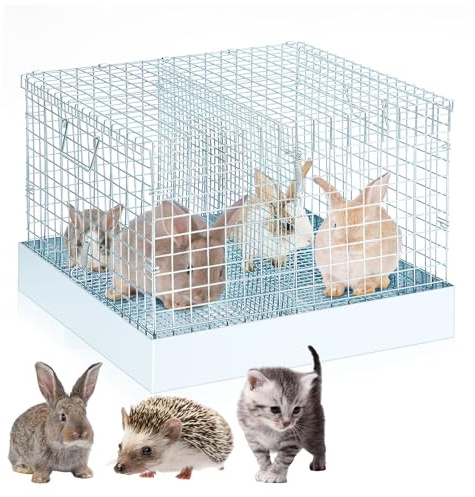 DoubleFill 2 Hole Folding Rabbit Transport Cage, Portable Bunny Carrier with Tray and Handles for Travel or Temporary Housing, Indoor Outdoor Pet Habitat Animal Enclosure(16 x 14 x 12 in)