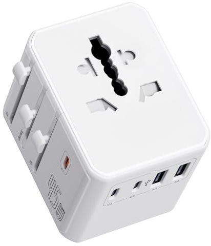 Auxmir Reiseadapter Weltweit, 45W PD Schnelles Aufladen Steckdosenadapter | 3 USB-C und 2 USB-A für 200+ Länder wie EU, UK, USA, AU, Internationaler Reisestecker für Urlaub, Business, Reise, Hotel Weiß
