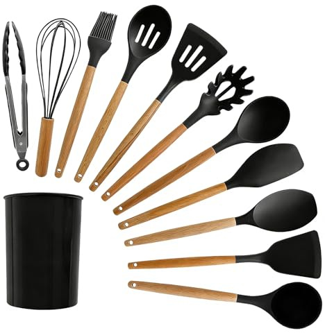 Senshuomy 12 PCS Kitchen Utensil Set, Silicone Cooking Utensils Set with Wooden Handle for Utensils BPA Free, Heat Resistant, Nonstick Cookware Tongs Spatula Spoon Set, Dishwasher Safe (Black)