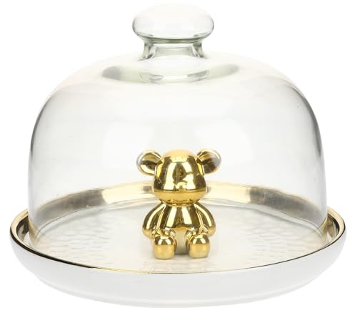 BESPORTBLE Plateau de Service à Gâteau en Céramique Petit Modèle avec Cloche en Verre Transparente, Accessoire pour Gâteau et Assiette à Dessert pour Maison, Goûter et Présentation de Fruits