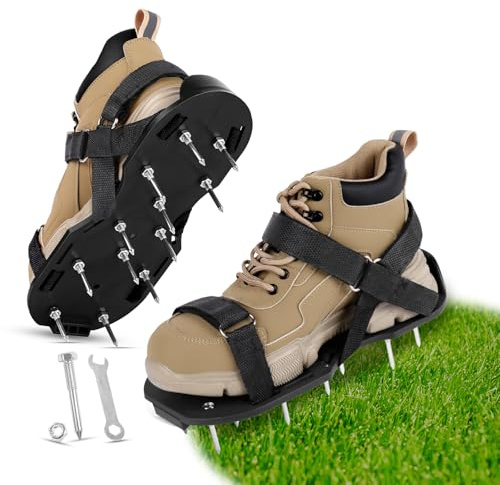 URAQT Zapatos Aireador para Cesped, 1par Suelas Escarificadoras Suela de 29*13CM y Púas de 48mm, Zapatos Aireador Jardin de Tamaño Ajustable,Talla Universal, para Zapatos Aireación en Patio y Jardín