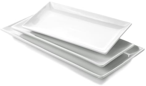 WishDeco Servierplatten 3er Set, Servierplatte Porzellan 40/35/30 cm | Kuchenplatte Rechteckig, Servierteller Groß, Teller Weiß für Kuchen, Sushi, Dessert, Fleisch, Fisch