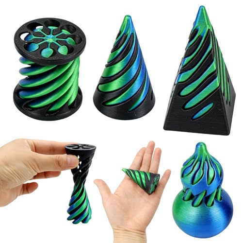 KASURE Lot de 4 Fidget Toys 3D en Spirale, Jouets anti-stress imprimés en 3D (Cône,Pyramide,Cylindre),Fidget Spiral pour adulte & enfant – Favorise la concentration & sensoriel – Noir-Vert & Bleu-Vert