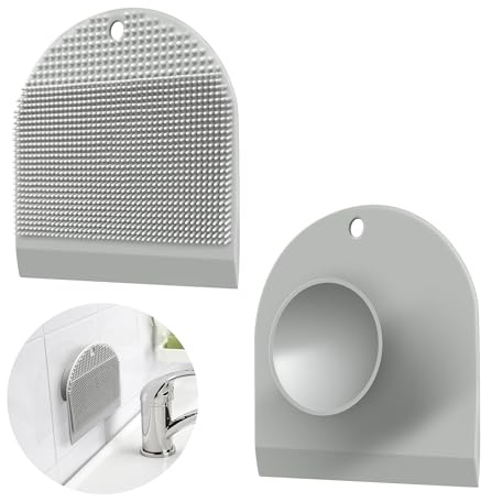 Cepillo de limpieza de fregadero de silicona con raspador, cepillo de mano con mango para fregaderos de cocina y baño, cepillo de platos con ventosa (gris)