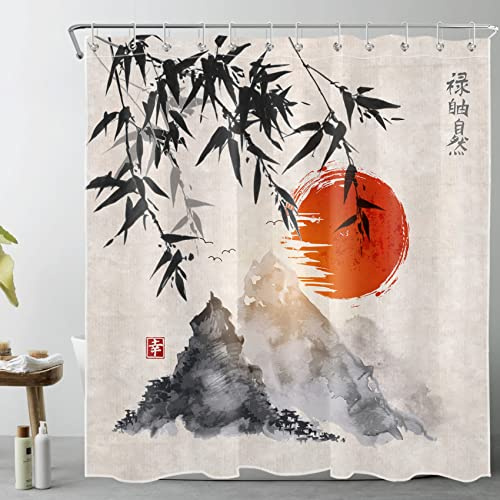 LB Duschdraperi Japanskt Berg och Svart Bambu Gardiner för Badrum,180x200cm