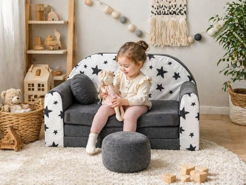 Pro Cosmo Divano letto pieghevole per bambini con funzione letto Perfetto per giocare e dormire - Con materasso, cuscino e pouf sfoderabili - 98x168x59 cm (AC1) Grigio scuro - Stelle