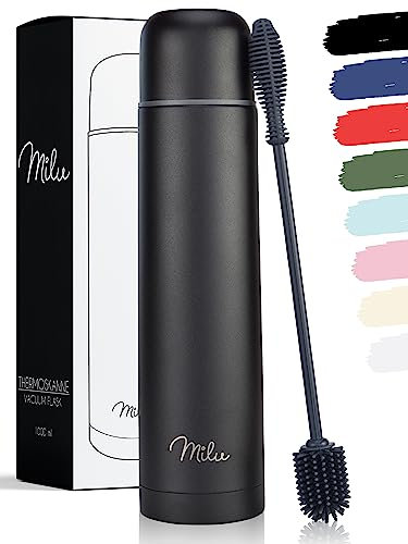 Milu Thermosflasche Thermoskanne Isolierflasche 1L, 750ml, 500ml - Isolierte Edelstahl Trinkflasche, 100% Auslaufsicher, Doppelwandisolierung (Schwarz, 1000 ml)