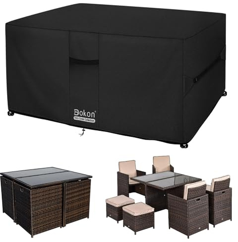 Dokon Housse Table de Jardin, Bâche Salon & Mobilier Exterieur Imperméable | Oxford 420D, Revêtement PU Imperméable, Sangles & Cordon Anti-Vent, Aérations, Anti-UV, Carré 125x125x74cm, Noir