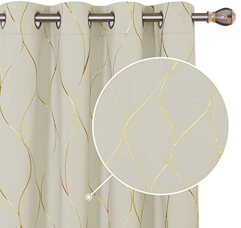 Deconovo Eyelet Thermal Insulated Room Darkening Curtains, Gold Wave Foil Curtains for Kids Bedroom, 66 x 54 Inch (Width x Length), Beige, One Pair