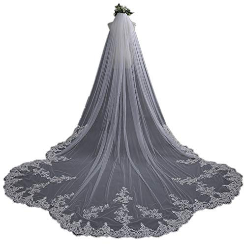 1T/2T Hochzeitsschleier für Braut, 3M/4M/5M weiß Lotus Blatt Spitze Applique Rand Brautschleier Lange Kathedrale Zubehör Damen einfacher, eleganter weicher Tüll mit Kamm, 2 Ebenen, 500,4 cm