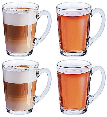 Teegläser 4er Set je ca. 320ml Teeglas für Latte Macchiato Cappuccino Kaffee Gläser Glas Tassen Trinkgläser mit Henkel