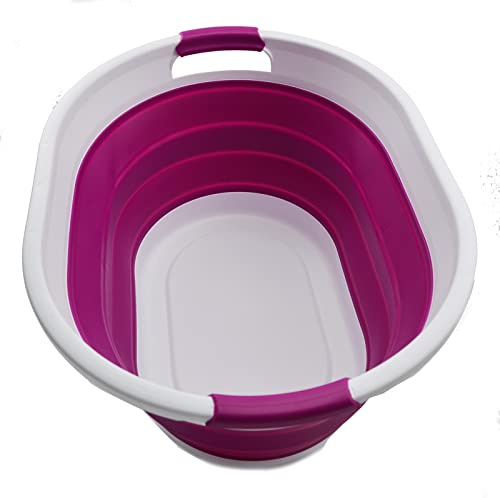 SAMMART Cesto portabiancheria pieghevole in plastica da 32 l, contenitore pieghevole per il bucato, vasca da bagno portatile, capienza acqua: 24 l (1, bianco/viola)