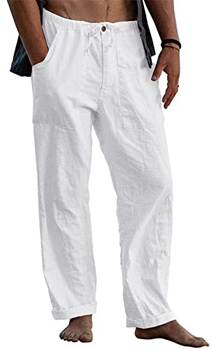 Halfword herr linne lösa byxor yogabyxor vardag strand dragsko elastisk midja lätta träningsbyxor, Vitt, 4XL