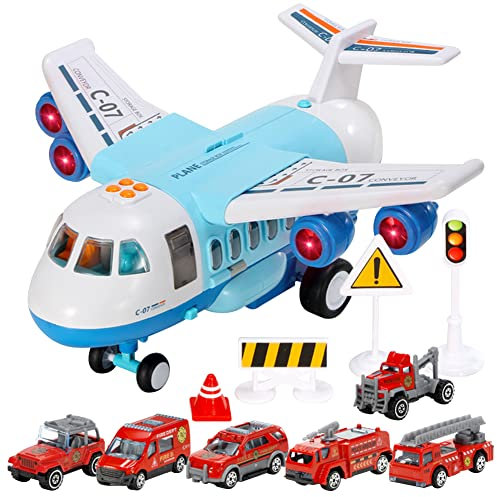 JAWSEU Transport Flugzeug Spielzeug Auto Set, Groß Licht Musik Planes 6 legiertes Auto Spielzeug Feuerwehrauto mit Verkehrsschilder Kinder, Rollenspiel Spiele ab 3+ Kleinkinder
