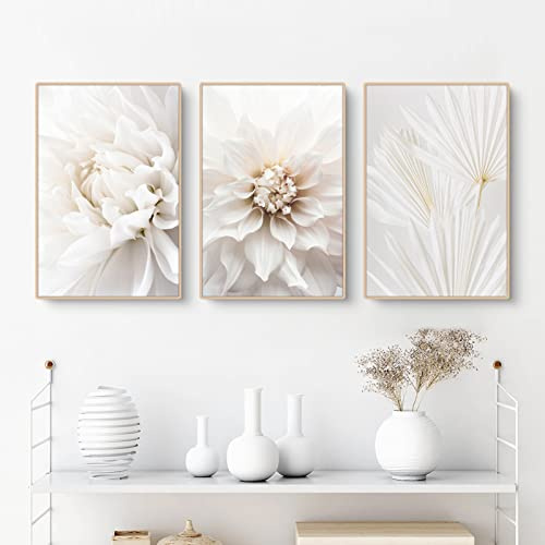 Sarah Duke 3er Poster Set Weiß Rose Blume Bilder, Moderne Leinwandbilder, Ohne Rahmen Wandbilder, Boho Bilder Set Wanddeko für Wohnzimmer Schlafzimmer (40x50cm)