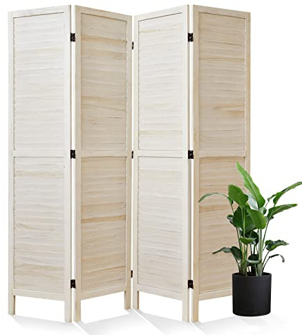 Room Dividers and Folding Privacy Screens, Wood Louvered Separators Divider Wall for Home Office Bedroom - 4 Panels, 67 * 60inch (White-Washed)