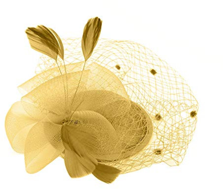 Damen Fascinator Hut Hochzeit Kopfschmuck Hüte Hat Clips Schleier Stirnband Tea Party Mesh Kopfbedeckung Frauen Pillbox Hut Haarschmuck für Cocktail Halloween Oktoberfest Gothic Gold