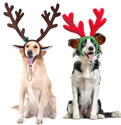 Mfsdai Haustier Rentier Haarreif Geweihe Elch Kopfschmuck,Verstellbare Weihnachtskopfbedeckung Verkleidungen & Kostüm Geschenk für Mittlere und Große Hunde