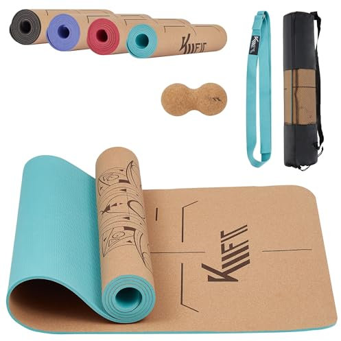 KM-Fit TPE Yoga Matte | Gymnastikmatte mit Tragegurt | Yogamatte gepolstert & rutschfest | Sportmatte für Fitness, Pilates & Gymnastik Workout | mit Tragetasche, Yogagurt und Massageball | Minz Grün