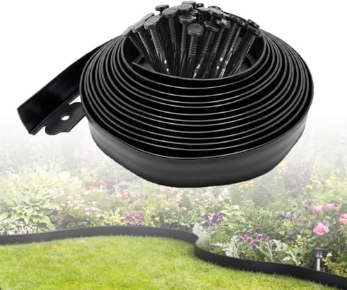 Garden Edging Border Plastic [Tall 10cm], 10m Long Flexible Lawn Edging with 30pcs Garden Pegs, No-Dig Garden Edging for Grass Flower Bed Path Cobblestone (Black)