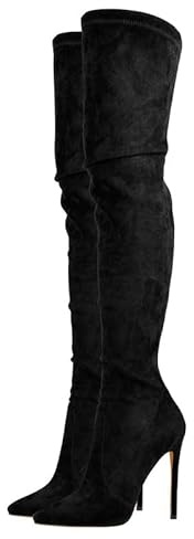 blingqueen Stivali sopra il ginocchio da donna con tacco a spillo, tacchi alti, a punta, stivali alti elasticizzati fino alla coscia, effetto velluto, nero, 45 EU