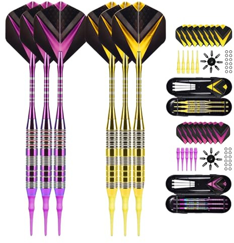 3/6 Stück Dartpfeile mit Kunststoffspitze, Soft Darts Pfeile Set,21g Profi Softdarts dartpfeil mit zusätzlichen Dartspitzen Gummiringen Flügen Wellen für Elektronische Dartscheibe (3 Lila & 3 Gelb)