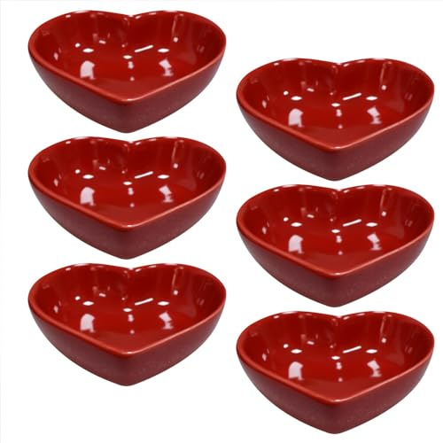 Albedel Red 6 pcs Heart Shaped Porcelain Soy Sauce Dish Snack Bowl Ceramic Dip Dipping Bowls 1.65 oz for Dinner Baking BBQ and Cooking