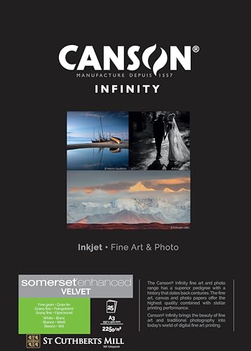 Canson Infinity Somerset Enhanced Velvet White, digitales Fotopapier, weiche Körnung, 225 g/m², DIN A3 29,7 x 42 cm, Kartonbox, Naturweiß, 25 Blatt