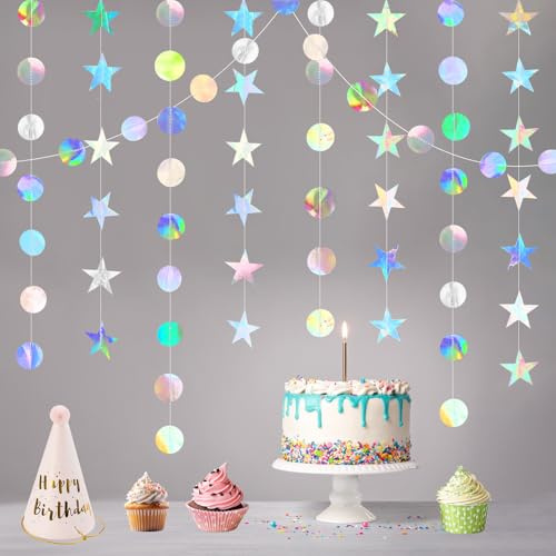 PIWOSGOL 52 Ft Bunt Glitzer Papier Circle Dots Garland, 4 Stücke Hängende Iridescent Runde Sternform Garland, Papier Girlande Glitzer Bunt Deko für Geburtstage Karneval Jubiläen Hochzeiten