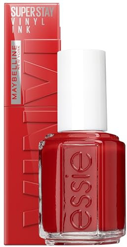 essie Nagellack für farbintensive Nägel, Nr. 60 really red, Rot, 13,5 ml + Maybelline New York flüssiger Lippenstift, Liquid Lipstick, glänzendes Finish, Super Stay Vinyl Ink, 25 Red Hot, 4,2 ml