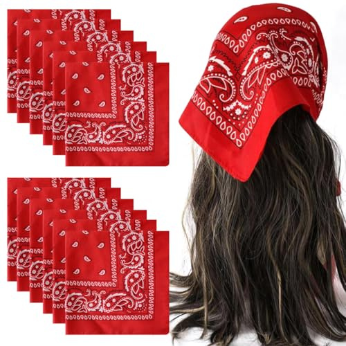 12 pezzi, bandana da donna e da uomo, fazzoletti da collo da uomo, foulard con motivo paisley, nuovi fazzoletti da collo cowboy, copricapo sciarpa-fazzoletto per capelli (55 x 55 cm), rosso chiaro, 55