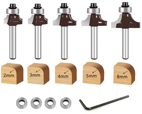 glryd 5 frese rotonde da 8 mm, fresa a raggio in metallo duro con cuscinetti a sfera, fresa rotonda su fresa, raggio 2 – 3 – 4 – 5 – 8, per falegnameria, smussi, lavorazione del legno
