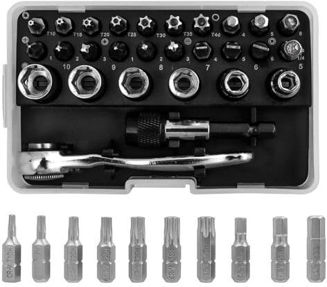 Bestgle 28 Pezzi Set di Chiavi a Bussola, Cr-V Set di Bussole Versatile per Molteplici Progetti di Fai-da-te, Ergonomiche, Per Attrezzi Da Meccanico (2-25 Nm) Doppia Direzione Regolabile a 72 Denti