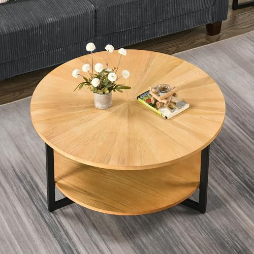 PADMA HOUSE Runder Couchtisch aus massivem Holz, Wohnzimmertisch Sofatisch Metallgestell, 2-stöckiger Kaffeetisch Loungetisch, Einfacher Aufbau, Industrie-Design, für Wohnzimmer (Naturholz)