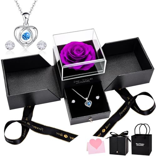 UUEMB Rose Éternelle, Violet Roses Préservée avec Collier Coeur et Boucles d'oreilles, Main Coffret Cadeau Bijoux Saint Valentin Fête des Mères Anniversaire Cadeaux d'anniversaire pour Femme Maman