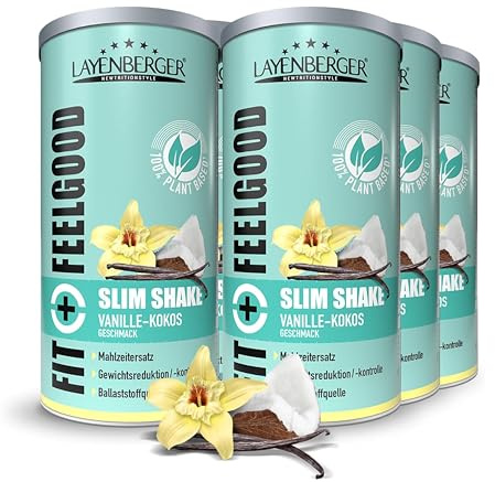 Layenberger Fit&Feelgood Slim Shake Powder vegan Vanille-Kokos (6x396 g) | Veganer Mahlzeitersatz, 72 Portionen mit je 204 kcal, insgesamt 2376 g
